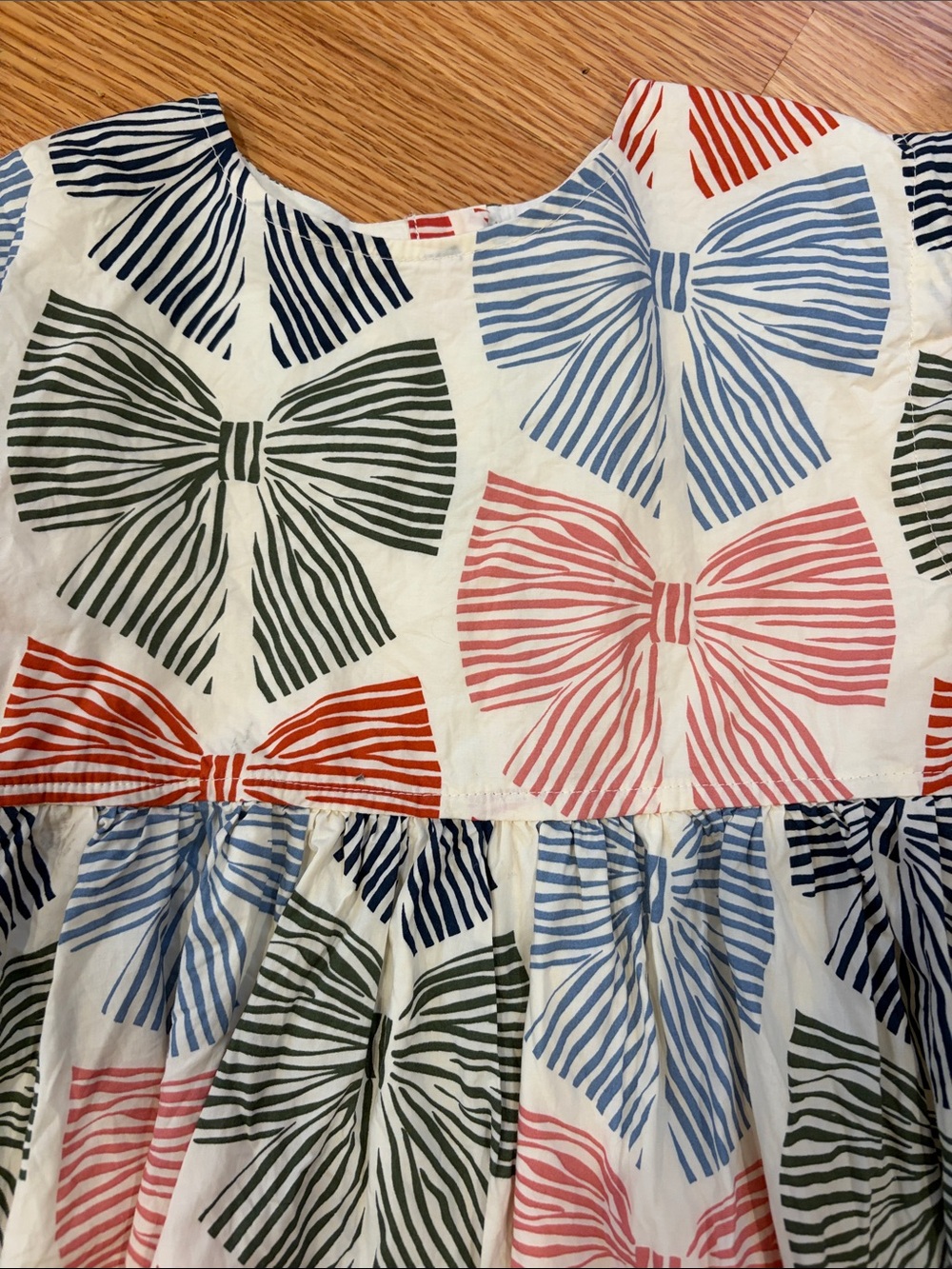 Pink Chicken White Cotton Dress with Blue, Red and Green Bows - Picture 2 of 3